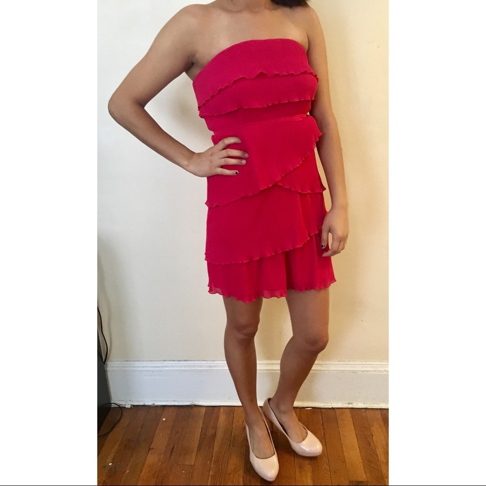 Fuchsia Strapless Pleated Layers Mini Dress